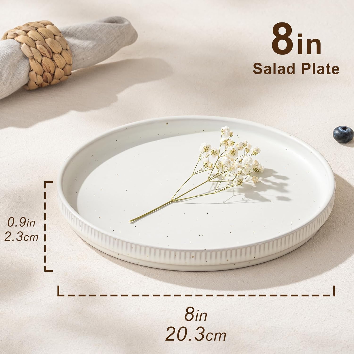 Ceramic Flat Plates Set of 4, 8 Inch Dessert, Salad, Appetizer, Small Lunch Plates, Microwave and Dishwasher Safe, Kitchen Porcelain Dish, Speckled White