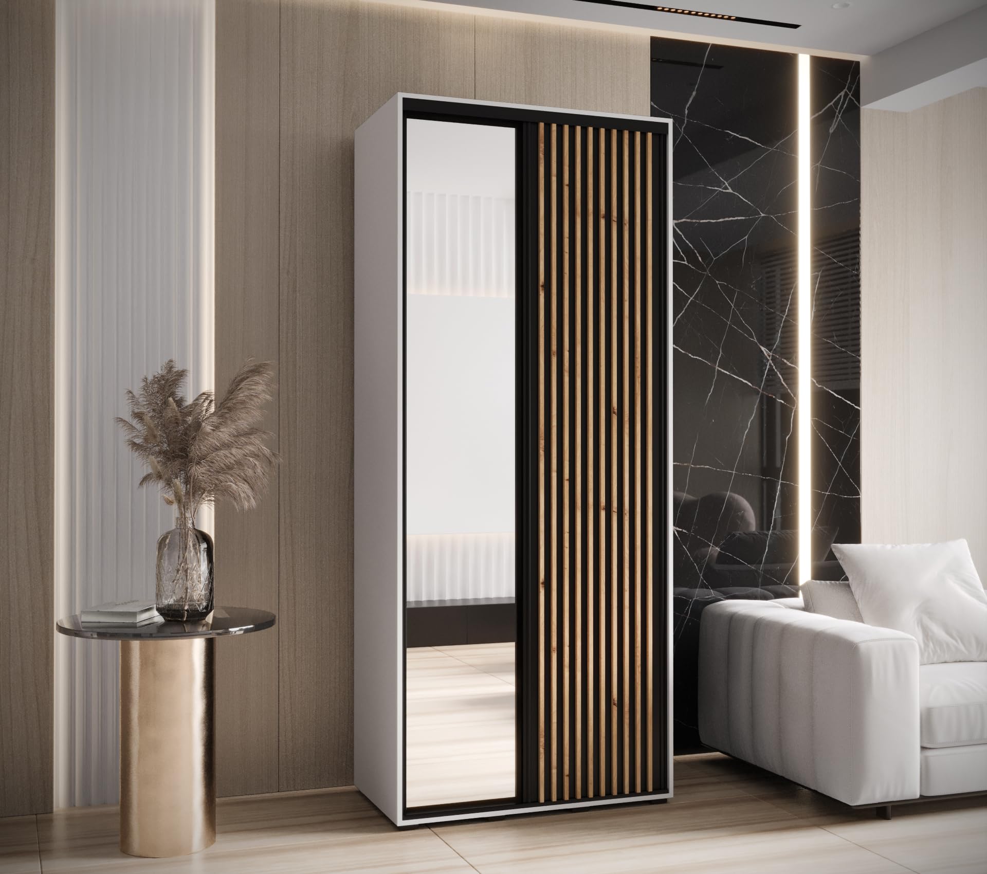 Armadio moderno a 2 ante scorrevoli con specchio e barra – elegante armadio per camera da letto e soggiorno – 235,2 x 110 x 45 cm – design artigianale nero