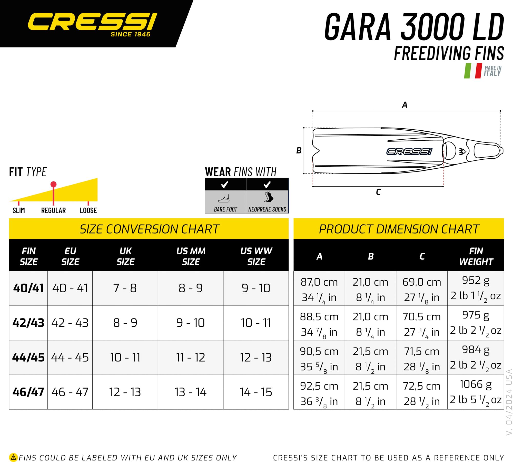 Cressi Largo Libre Buceo Aletas de Suave y Potente | Gara 3000, Fabricado en Italia Calidad Desde 1946