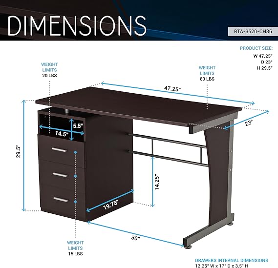 Techni Mobili 48W Computer Desk w/ 3-Drawers & Storage Compartment, Brown | Home Office, Study Table, Heavy Duty, Water Resistant, Ideal for home office, Workspace organization