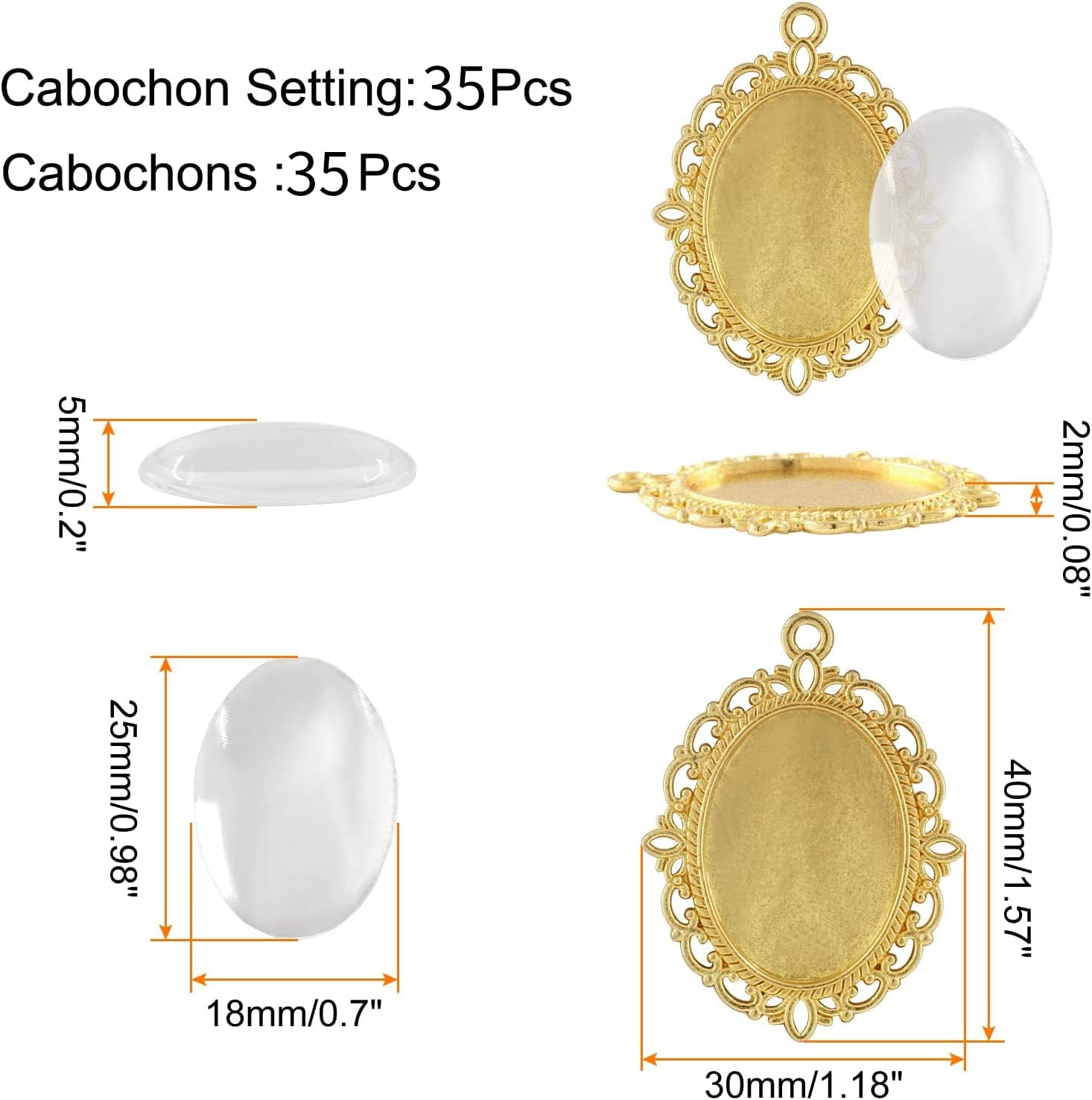 35 Sets Gold Oval Pendant Trays Kit, Alloy Oval Bezel Pendant Settings for Crafting DIY Photo Jewelry Making (Include 35Pcs Oval Pendant Trays Bezel Blanks & 35Pcs Clear Glass Cabochon) - Image 2