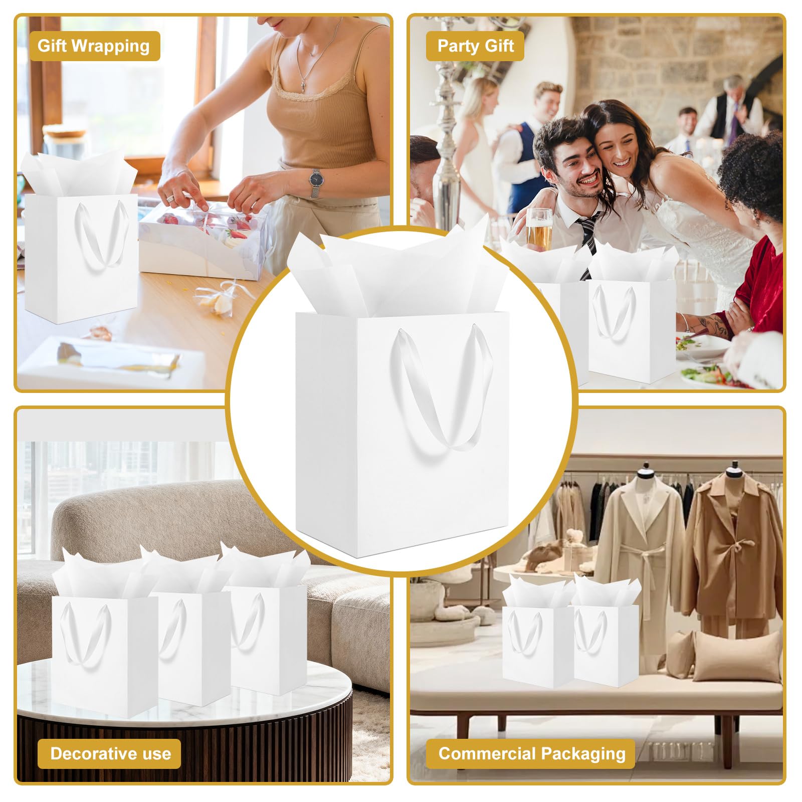 Ethhqu 4 Pack Medium White Gift Bags with Handles, 8x5x10 Inches - Includes 4 Tissue Papers for Birthday Party, Baby Shower, Wedding, Business, Thanksgiving, Christmas (White Medium-4 Pcs)