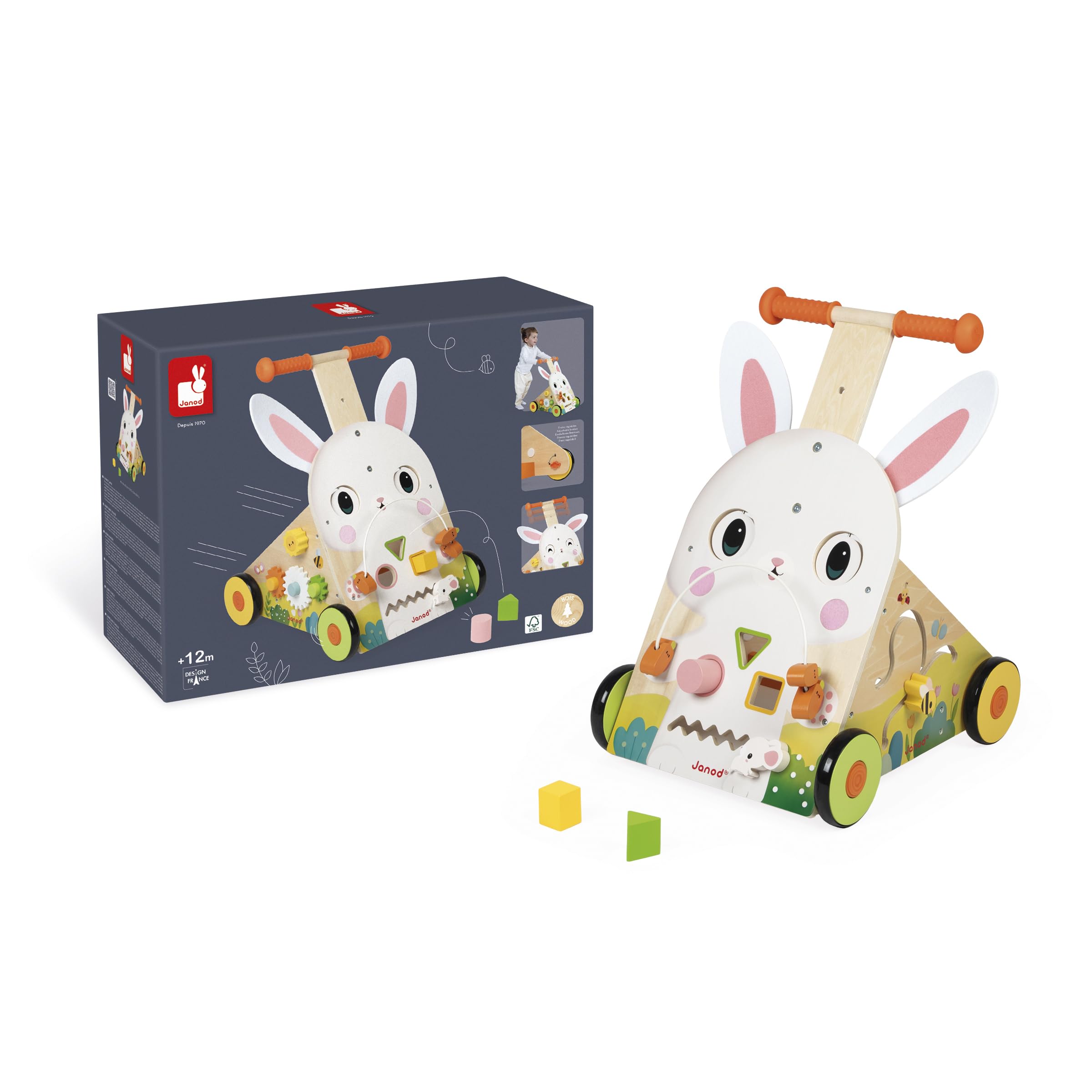 Janod - Chariot Multi-Activités Ferme - Chariot de Marche en Bois à Pousser - 9 Activités - Système Frein Breveté et Roues Silencieuses - Jouet d'Eveil pour Enfants Evolutif - Dès 12 Mois - J03326