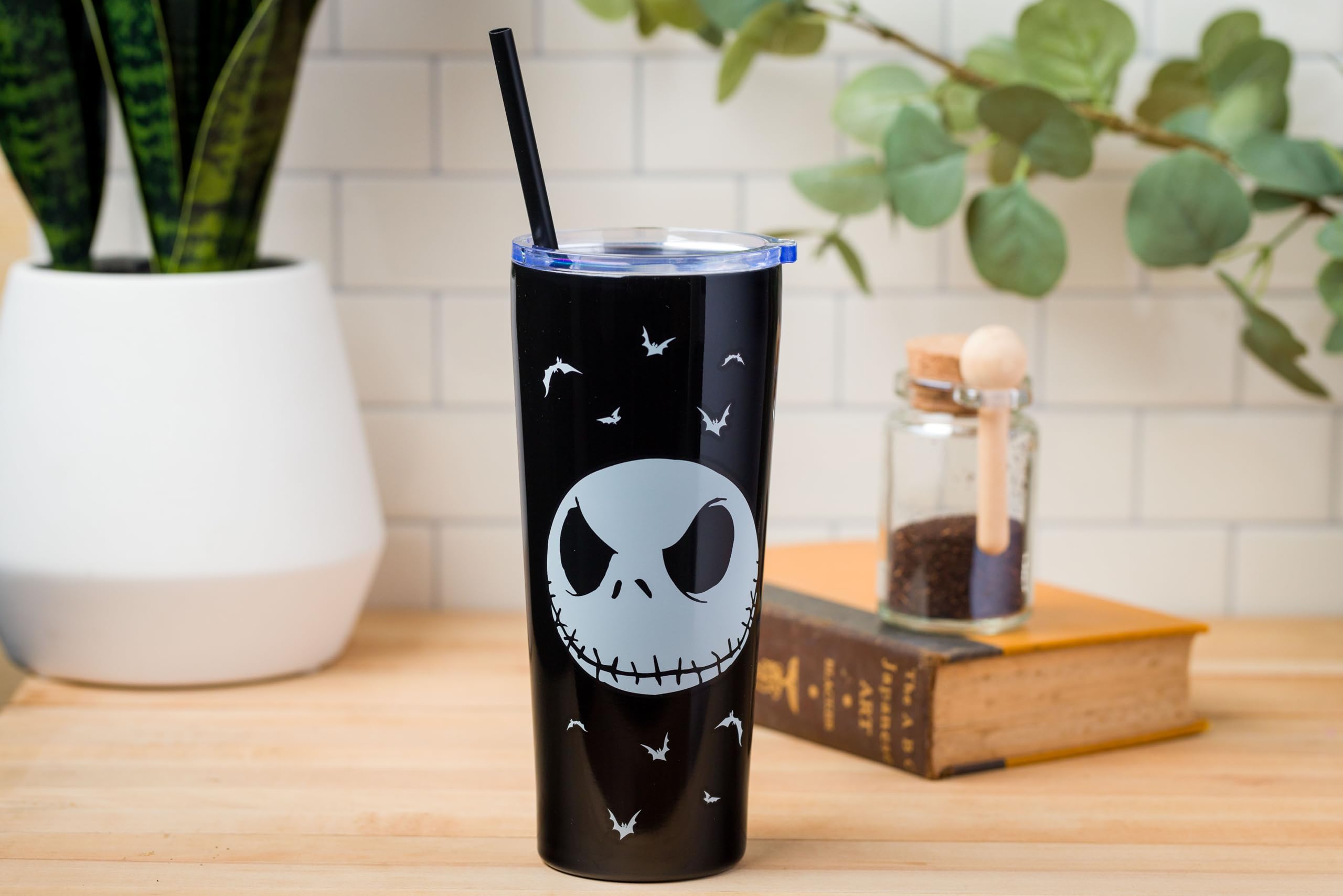 Silver Buffalo Disney Nightmare Before Christmas, Trinkglas, 625 ml | Edelstahl, Tim Burton's, Jack Skellington, Seriously Spooky, doppelwandig, inklusive Strohhalm, 0,65 Liter