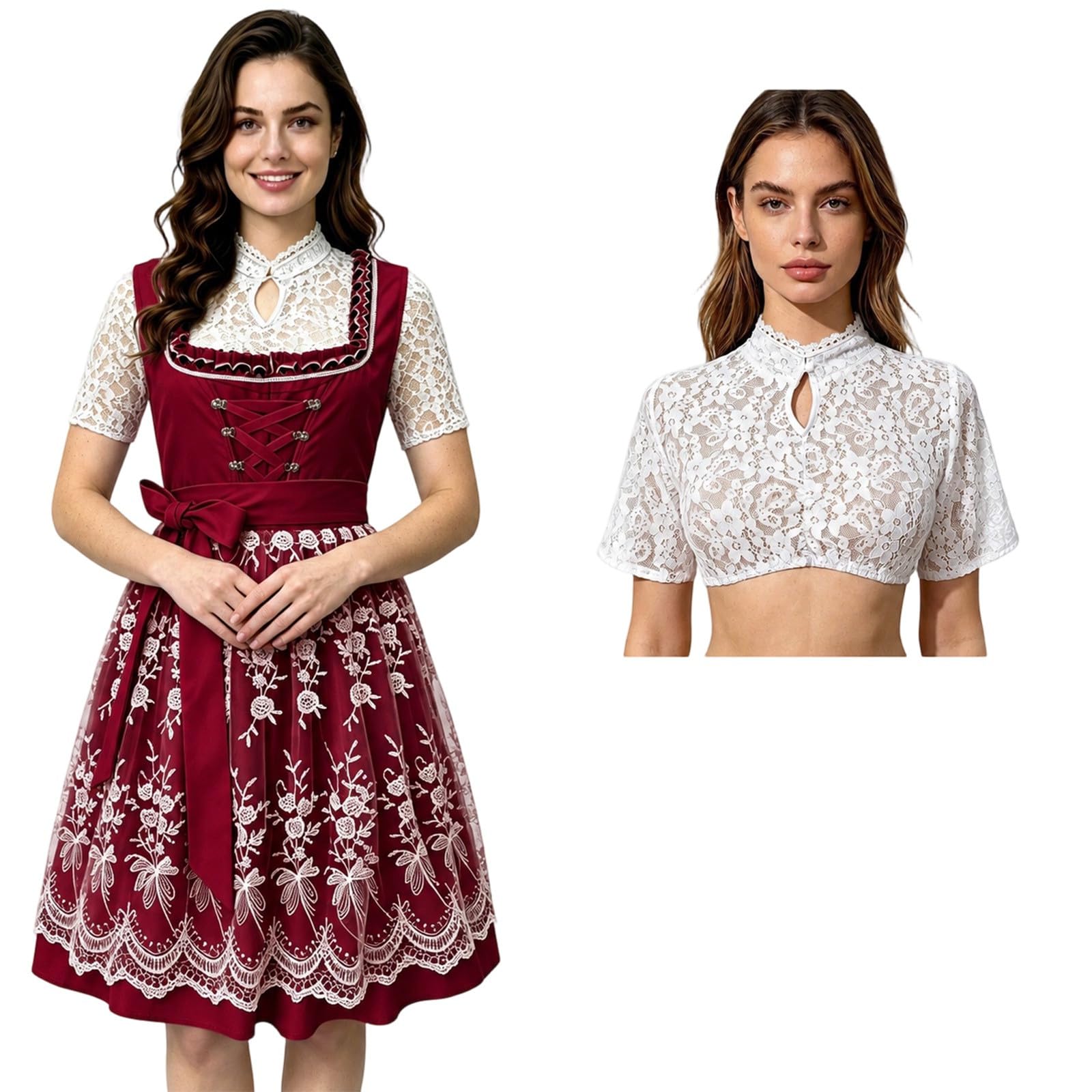 Dirndl Damen Midi Set 3 Teilig Oktoberfest Outfit Dirndlkleid inkl. Trachtenkleid Dirndlbluse Dirndlschürze Elegant Schlicht Spitze Trachten Kleid für Karneval Volksfeste
