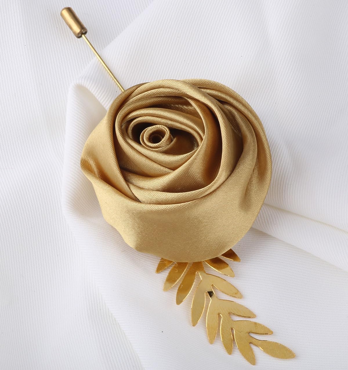 Faux Silk Rose Men Suit Boutonniere, Artificial Flower & Golden Leave Brooch Lapel Pin for Groom Groomsman Wedding Prom Dance Homecoming Party
