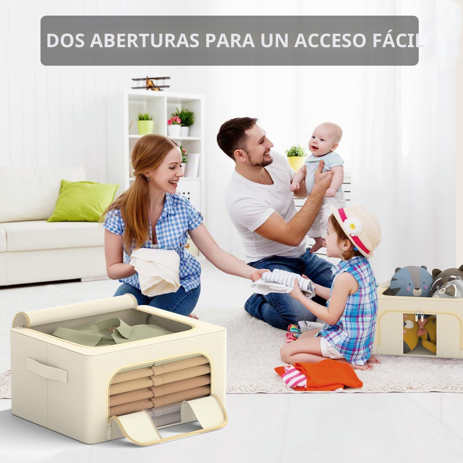 GoMaihe 3 Piezas Cajas Almacenaje Ropa - Material de tela Oxford Bolsas Para Guardar Ropa Plegable con Asa Reforzada y Ventanas Transparentes Adecuado para el almacenamiento diario de ropa (24L Beige)