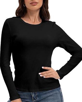 Womens Crewneck T-Shirt Fitted Casual Basic Tops Long Sleeve