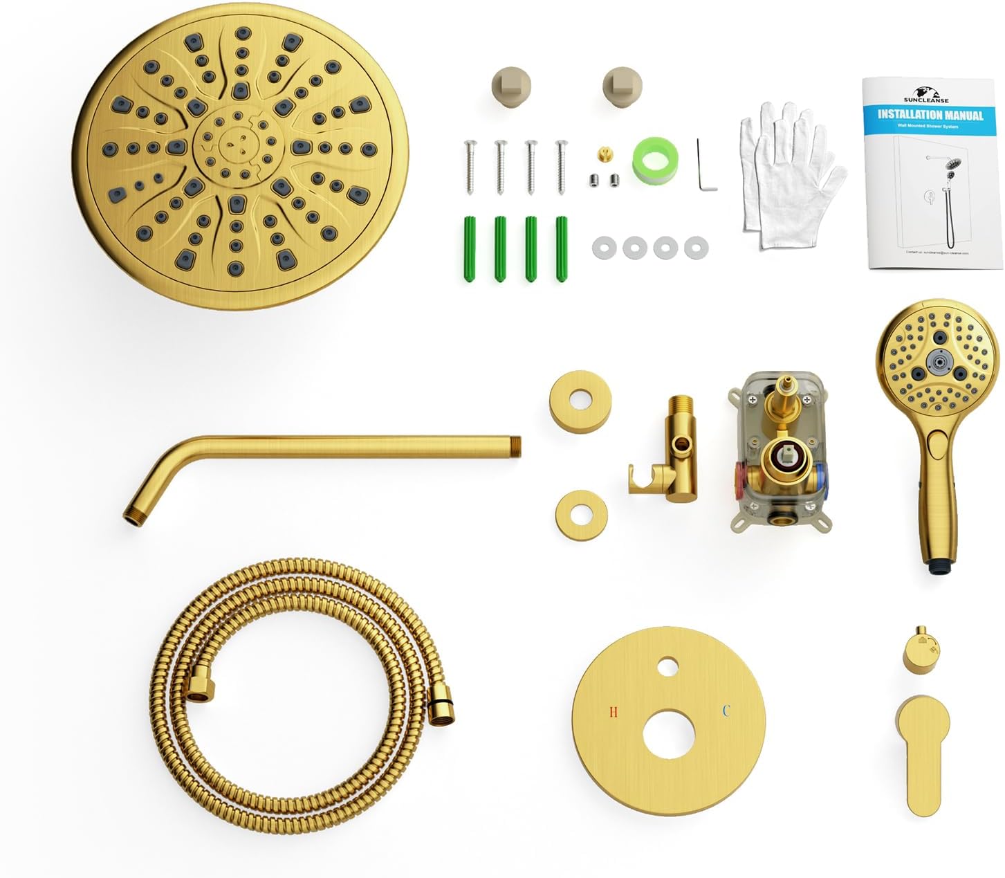 Suncleanse Gold Shower Faucet Sets - 8.5" Rain Shower Head Combo with 7-Setting handheld Spray Complete Shower System - Rainfall Shower Fixtures with Rough-in Valve and Trim Kit for Luxury Bathroom