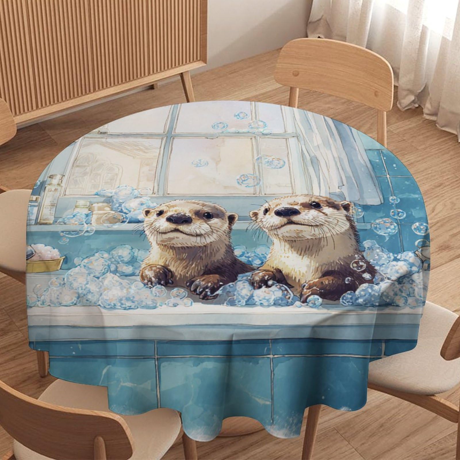 LUYYSKY Cute Oil Painting Otters Round Tablecloth Colorful Cartoon Bathroom Art Animal Otters Print Washable Decor for Table Cover for Kitchen-177.8" Wx177.8 L cm