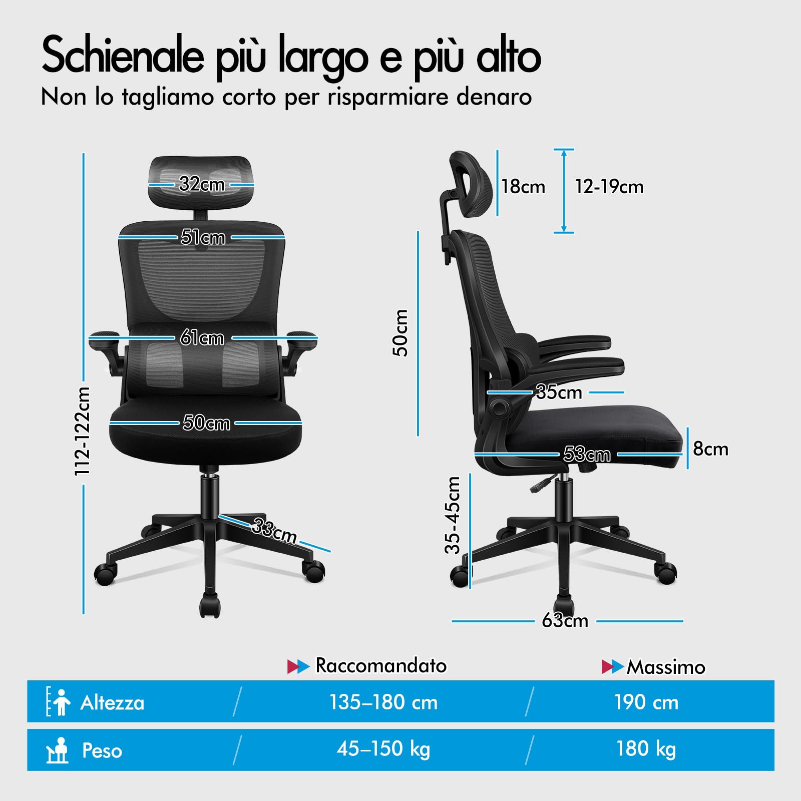ALFORDSON Sedia da Ufficio Scrivania Ergonomica Lombare Nera | Poltrona Girevoli in Rete Serie NYLES, Supporto lombare adattivo, Poggiatesta regolabile, Braccioli imbottiti, Portata 150 kg