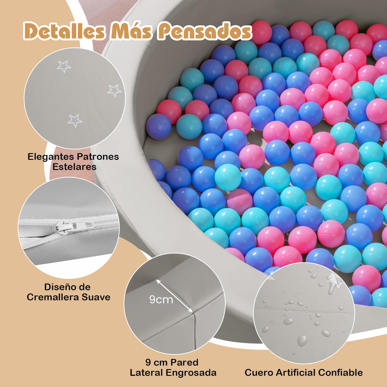 COSTWAY Piscina de Bolas para Bebés, Piscina de Pelotas Infantil Redonda de Esponja con 200 Pelotas Oceánicas y Bolsa de Malla, Parque de Bolas Infantil para Niños de 3+ Años (Gris)