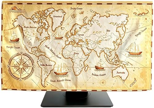 Retro World Map Print Indoor Computer Dust Proof Cover Soft Suede Fabric Slipcover Protection Screen Display From Scratches, Dirts, Fingerprint, Sunlight, 27in