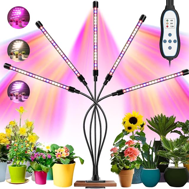 Garpsen Grow Lights for Indoor Plants, 105 LEDs Full Spectrum Led Grow Light, 5 Heads Plant Grow Light for Seedlings, with Auto ON/Off 4/8/12H Timer, 10 Dimmable Levels (460nm/660nm/3000K)