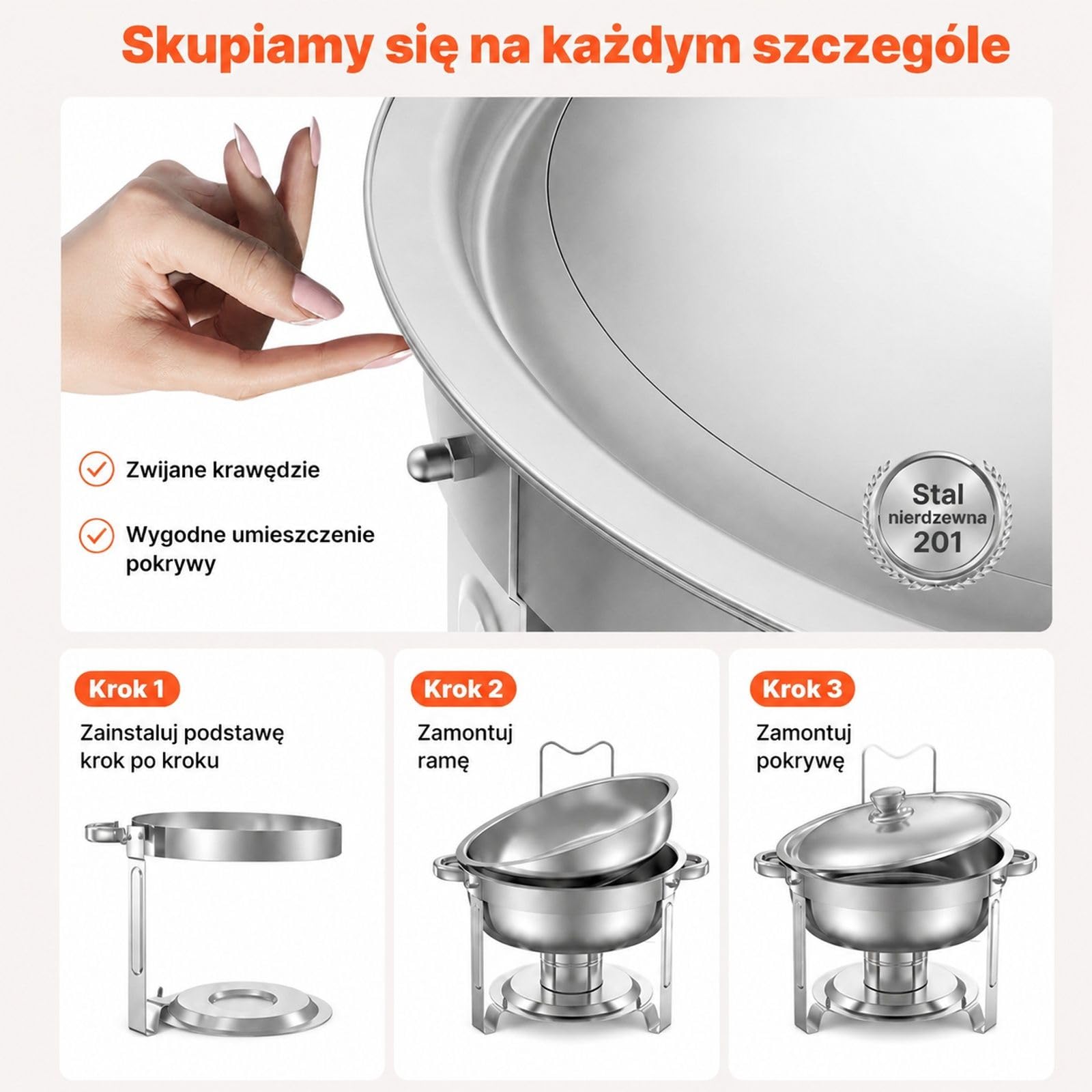 Zestaw podgrzewaczy cateringowych, 2 sztuki, okrągłe naczynia ze stali nierdzewnej 4,7 l, srebrne, z pokrywką, uchwytem na paliwo i miską na wodę