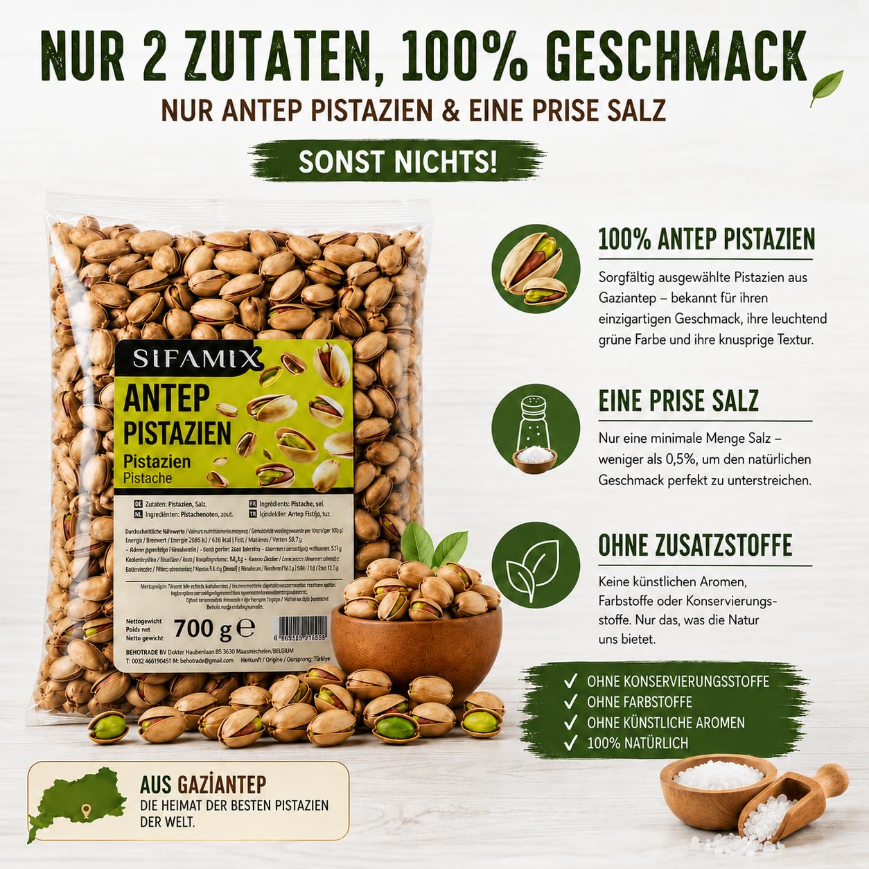 700 g Antep-Pistazien aus Gaziantep, Türkei – Geröstete und Geöffnete Pistazien in Schale | Über Holzfeuer Geröstet | Leicht Gesalzen | Charakteristisches Aroma