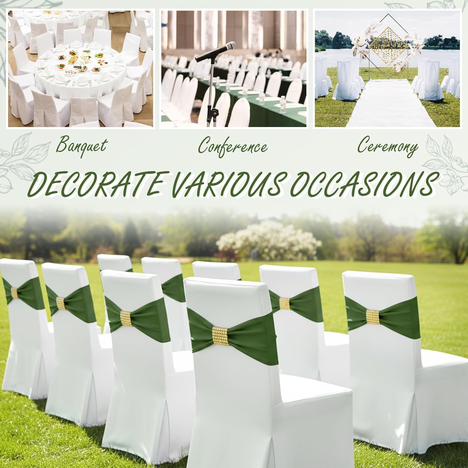 Moukeren 50 pcs Spandex Chair Sashes Bows Stretch Chair Covers Bands with Slider Buckles Universal Elastic Seat Ribbons for Wedding Party Events Ceremony Birthday Banquet(Olive Green)