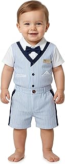 neo nate Half Sleeve Jacket Co-Ord Set for Baby Boys, 100% Cotton Interlock with Bio Wash, Striped Vest with Bow Tie and S...