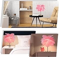 Vista 6 de Lámpara de mesa de plumas de avestruz con cable enchufable, moderna lámpara de plumas de 5 luces, cuerpo de lámpara dorado para dormitorio, mesita