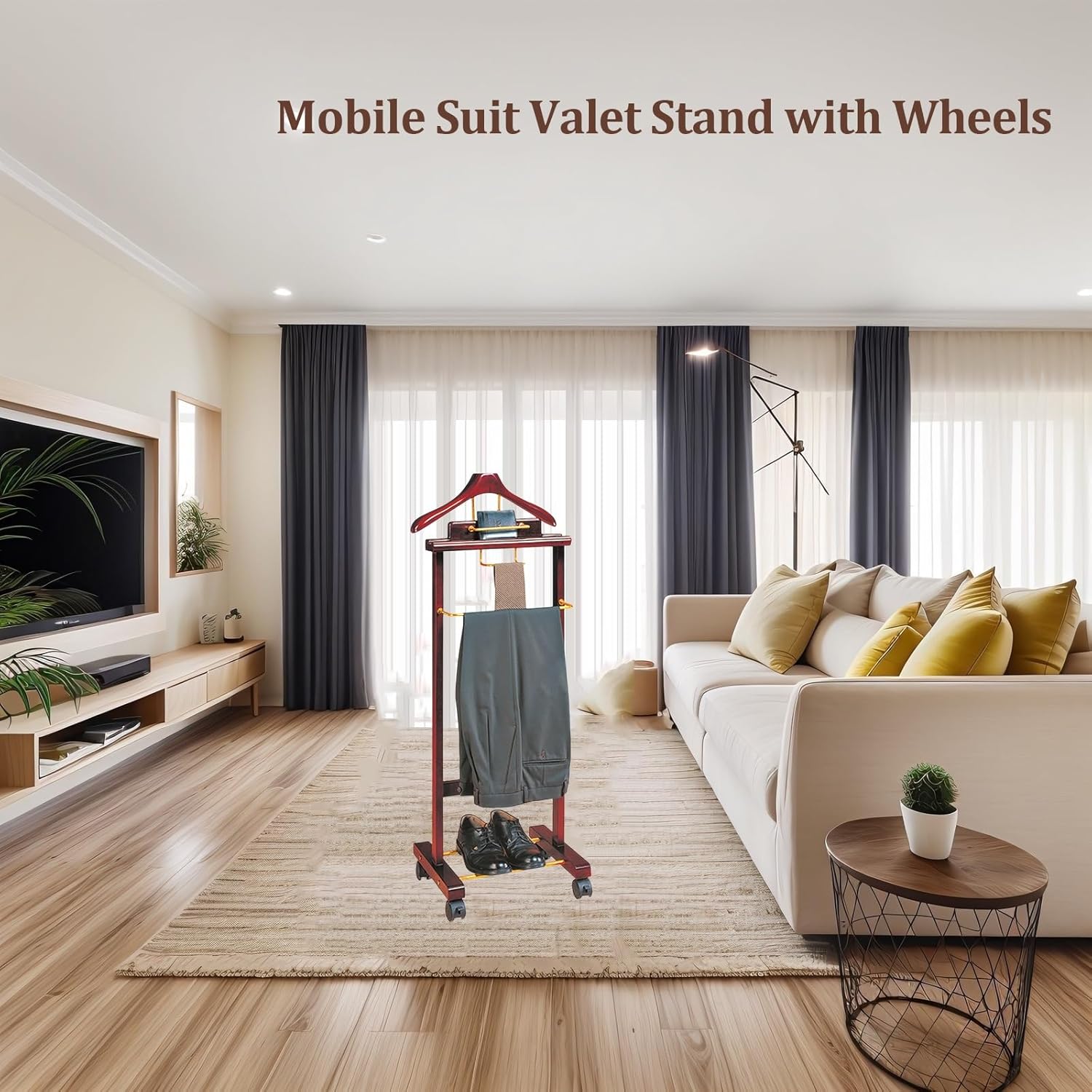 Mobile Suit Valet Stand with Wheels, Multi-Functional Valet Rack Organizer, Hanger, Wallet Holder, Trouser & Tie Bar, Shoe Rack for Entryway, Office & Living Room
