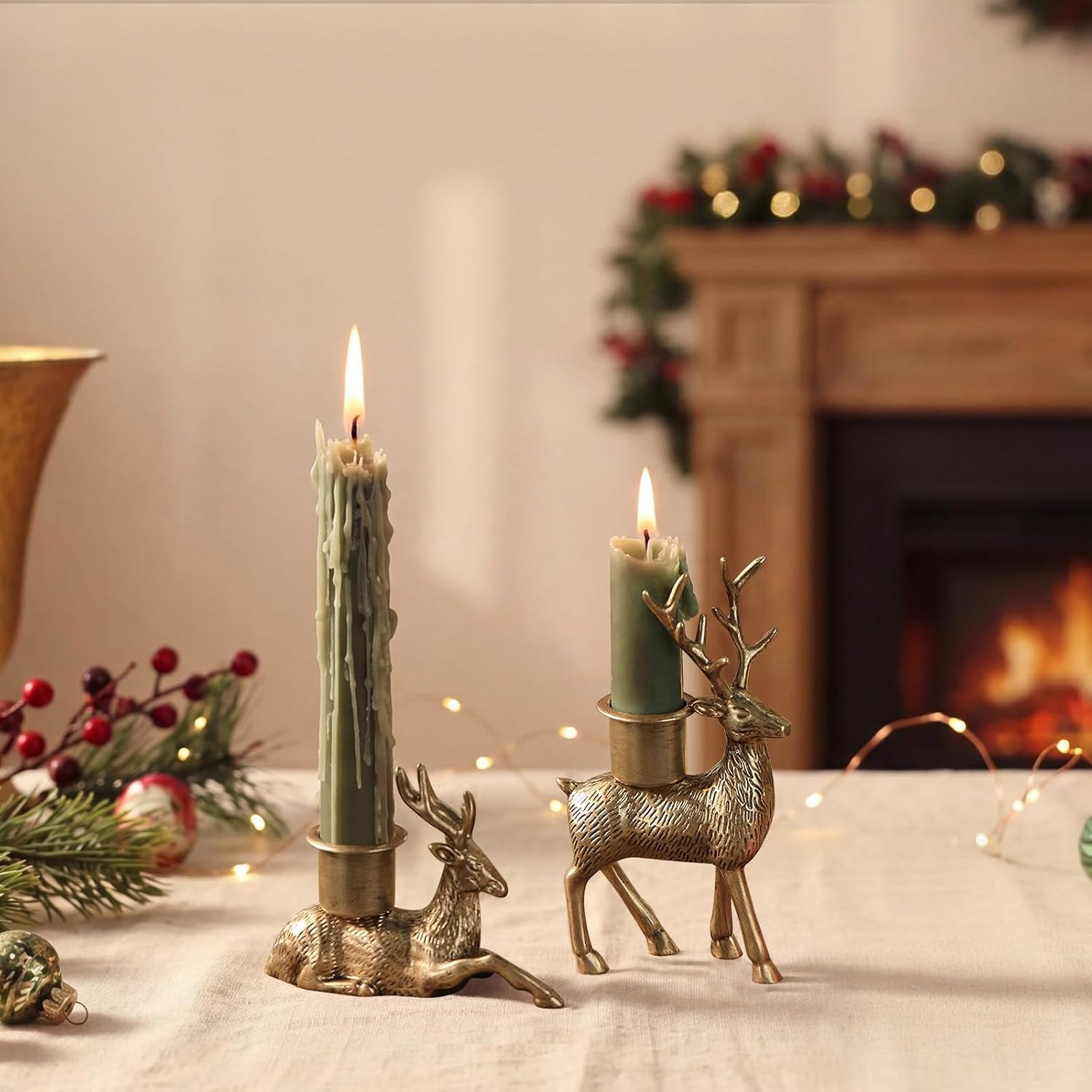 NIKKY HOME Christmas Reindeer Taper Candle Holders Set of 2, Gold Deer