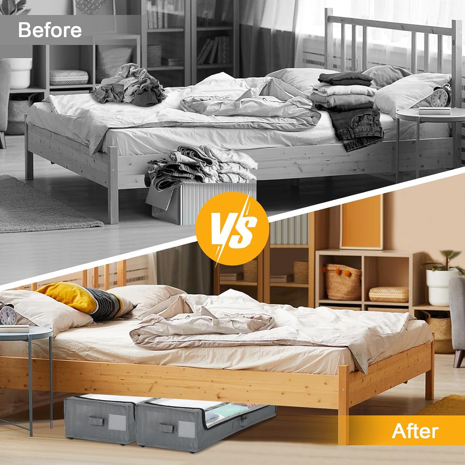 Under Bed Storage with Wheels - 53L Capacity 2 Pack Underbed Storage Containers with Visible Zipper Dust Cover & Hidden Scroll Wheel, Under Bed Storage Bins for Clothes Shoes Books