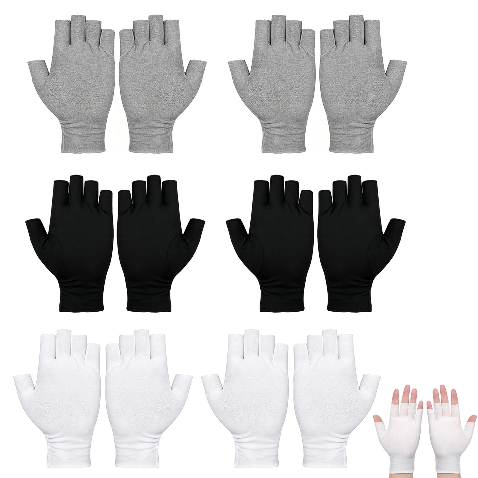 Guanti Senza Dita in Cotone 6 Paia, Nero Bianco Grigio, Guanti Idratanti da 19 x 10 cm per Cura Mani Notte, Protezione UV Unghie, Spa, Sonno e Comfort Quotidiano