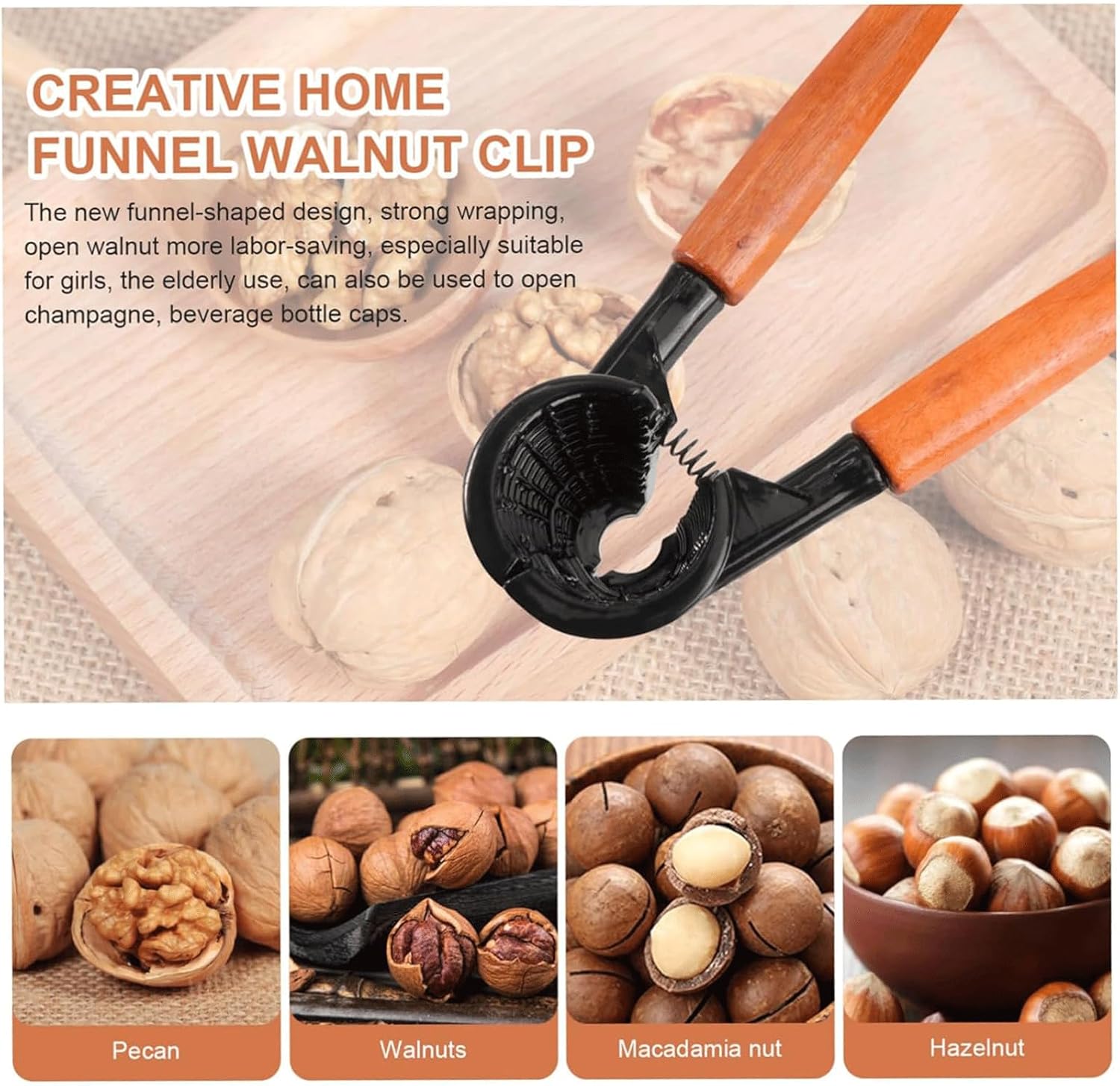 KRILLIQ Nutcracker Kitchen Dried Fruit Open Core Clip Walnut Clip Funnel Shaped Clip with Wooden Handle Nut Crackers Walnuts Pecans Hazelnuts for Nut Shelling, 2 pcs, Orange