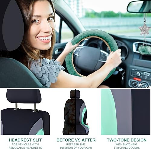 Miniatura 4 de Juego completo de 17 fundas de asiento de automóvil para mujer, funda universal para asiento de automóvil, funda de volante de felpa, engranaje de