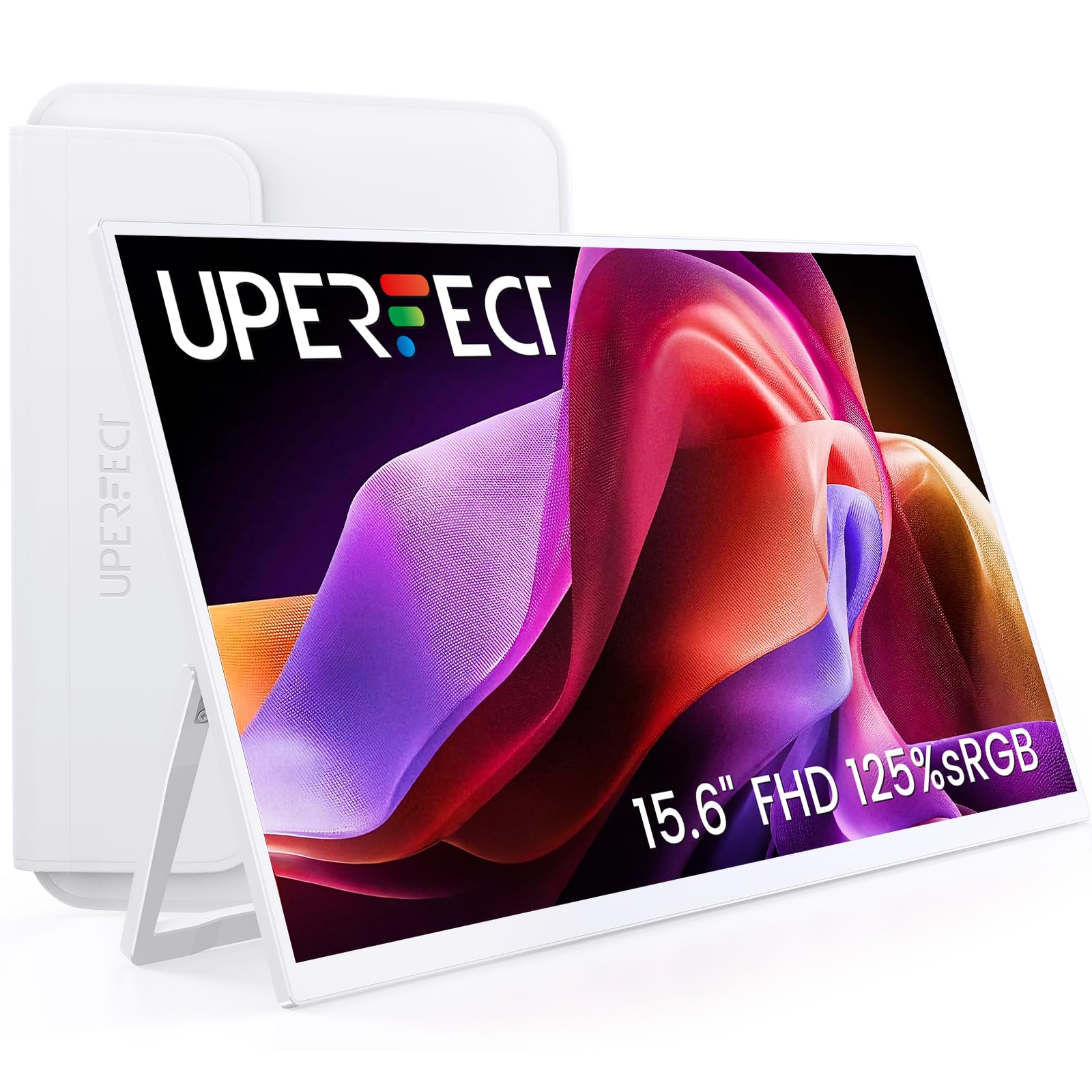 UPERFECT Pantalla Portátil 15.6" 125% sRGB Monitor Externo Blanca con Funda Blanca Premium, 2000:1 Contraste FHD 1080P HDR Eyecare, Monitor para Laptop Mac Mini PC Consolas de Videojuegos