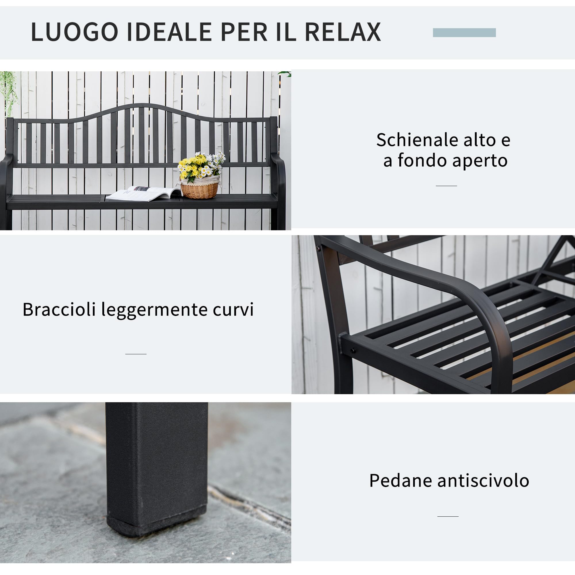 Outsunny Panchina da Giardino a 2-3 Posti in Metallo, Panchina da Esterno con Tavolino Sollevabile, Schienale a Doghe e Braccioli, per Balcone Esterno e Patio, 150x58.5x90 cm, Nero