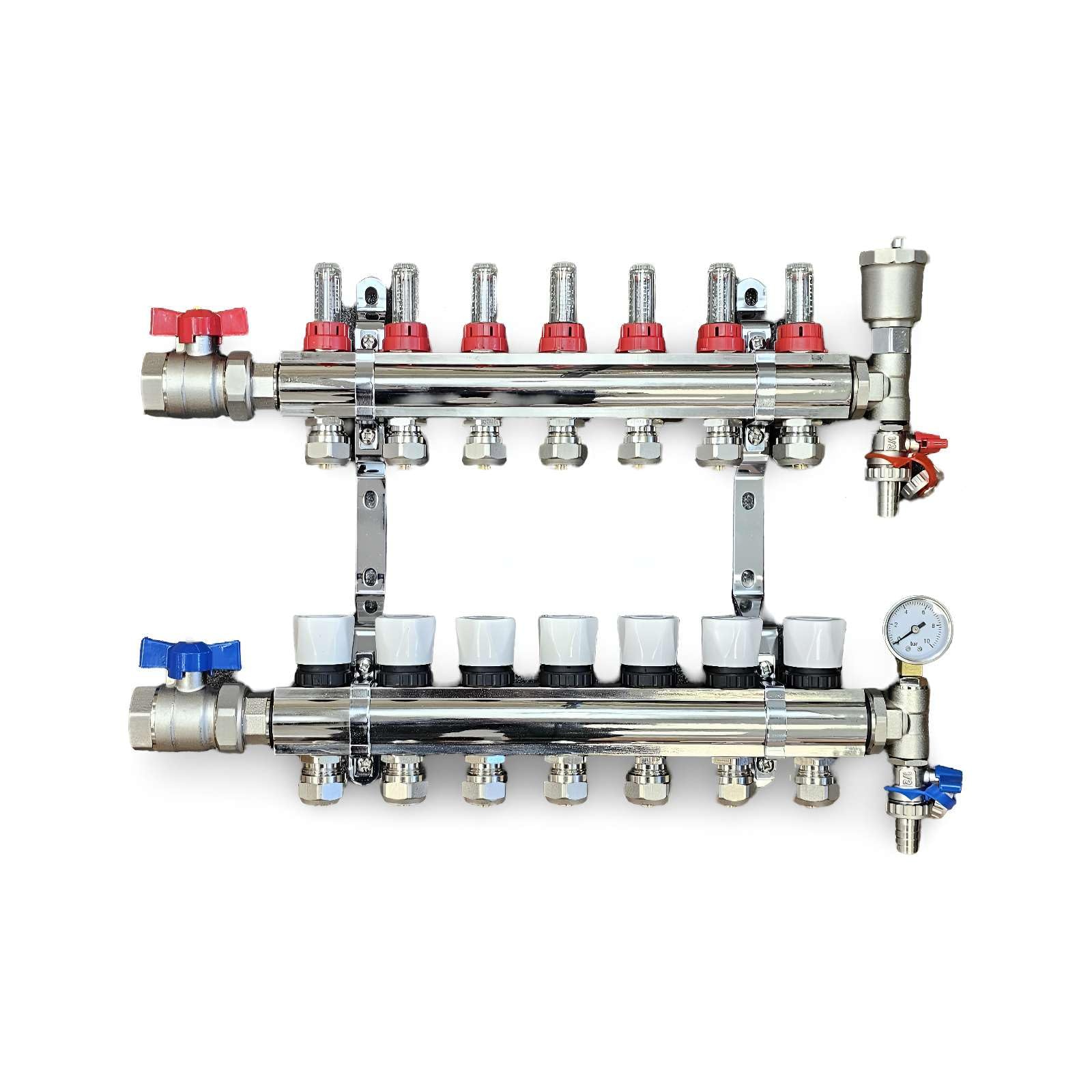 Water Underfloor Heating 7 Ports Complete Manifold with Pipe Connections,Main Isolating Ball Valves,Automatic Air Vent End Unit,Pressure Gauge End Unit (15mm eurocones)