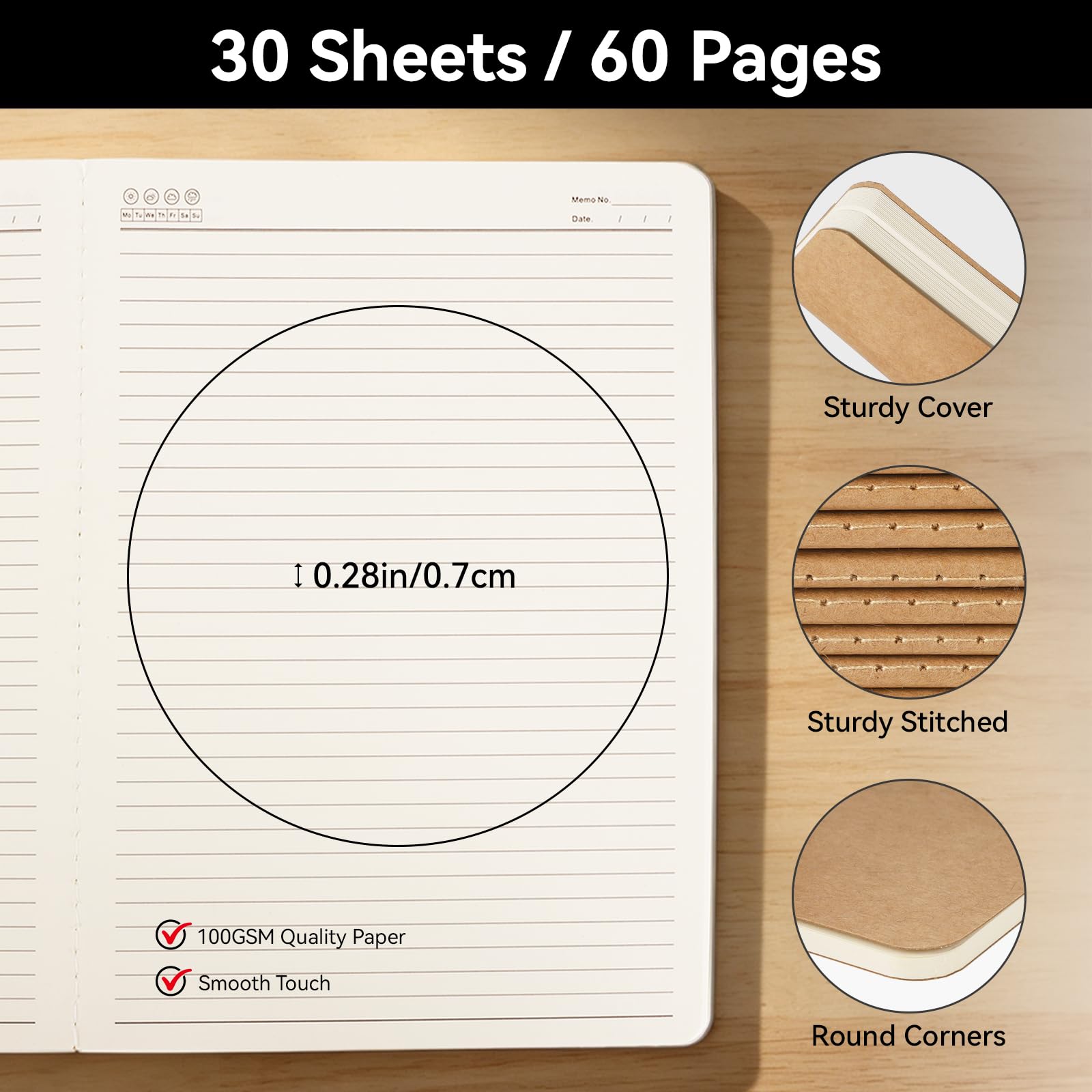 EUSOAR Quaderno a righe per composizione universitaria, 12 confezioni B5 18,5 x 25,9 cm, in carta kraft, copertina morbida, a righe, 60 pagine/30 fogli, 100 g/m², per schizzi e schizzi, per lavoro