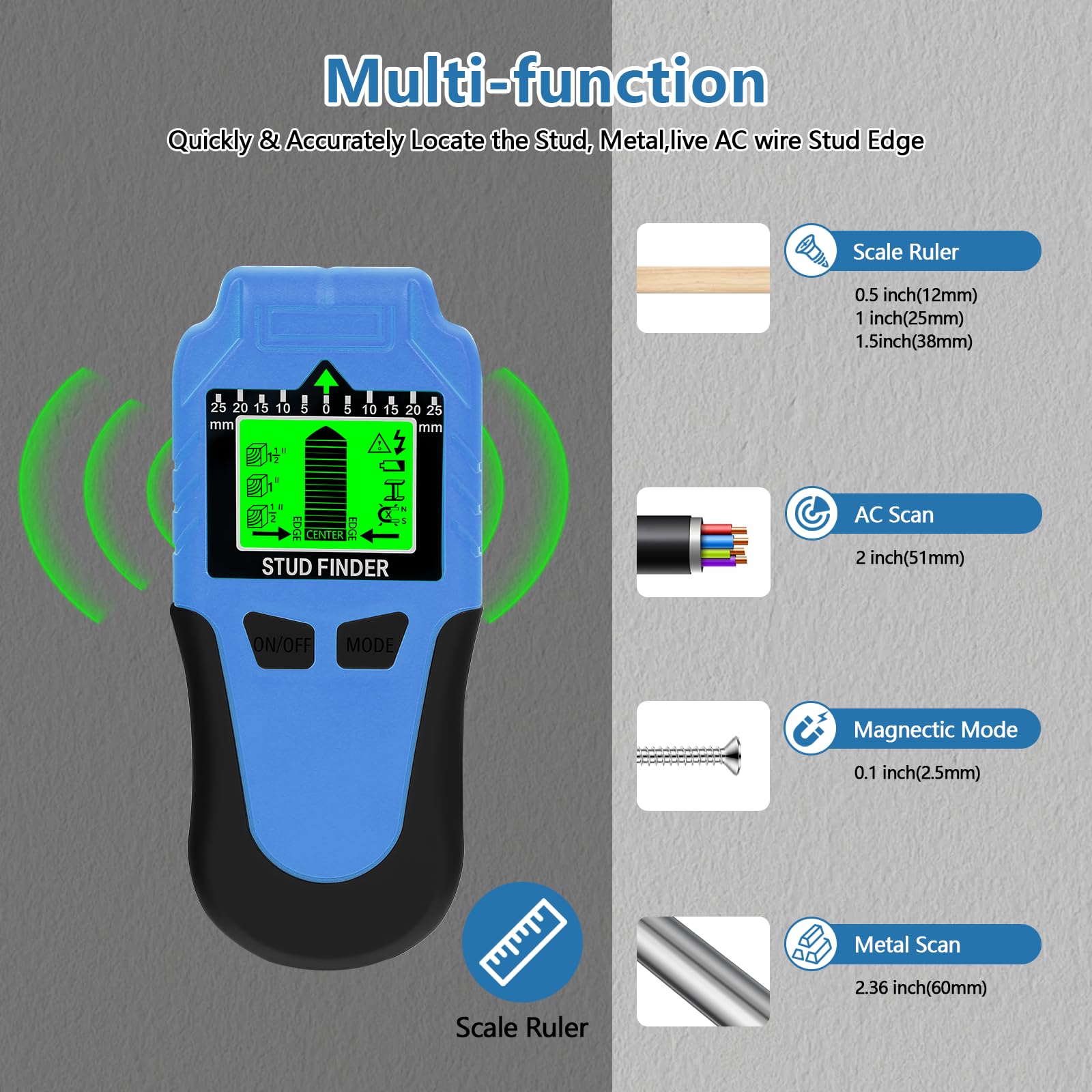 Rilevatore di perni ricaricabile 5 in 1 Stud Finder - Scanner da parete con display LCD e segnale acustico, rilevatore di travi per legno, metallo e cavi elettrici, rilevatore a parete USB per