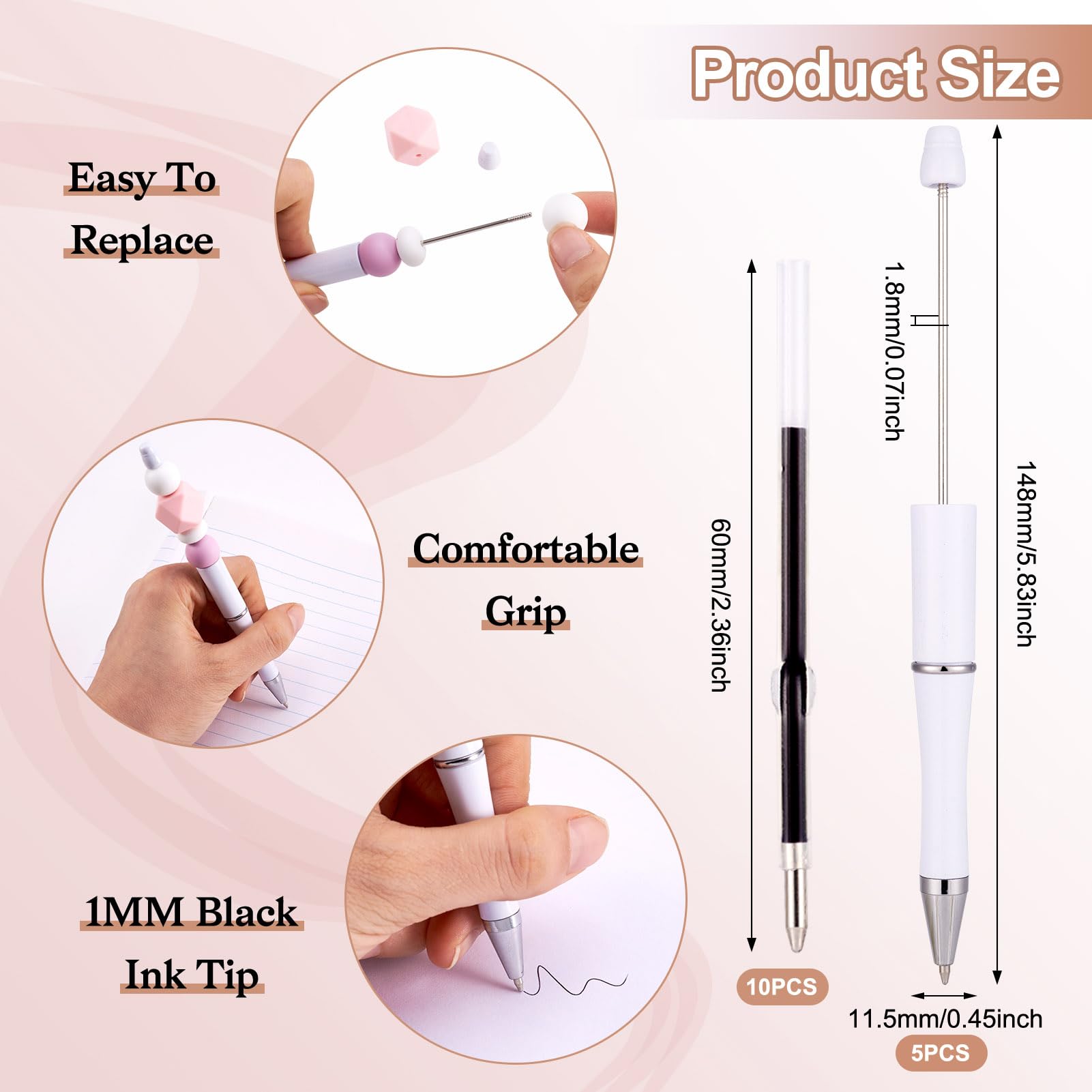 PandaHall 5pcs Beadable Pens with 10pcs 1mm Pen Refills Plastic Beaded Pens Shaft Black Ink Ballpoint Pens for Pen Making School Office Craft Supplies White - Image 3