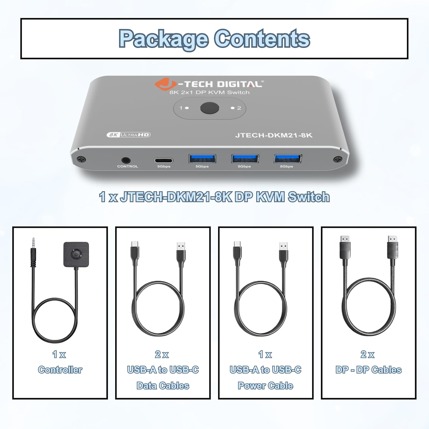 J-Tech Digital 8K DisplayPort 1.4 KVM Switch 2 Computers 1 Monitor, 8K@60Hz / 4K@240Hz Dual PC DP KVM Switcher with 4 USB 3.0 Ports (3 USB-A + 1 USB-C), Includes DP & USB Cables [JTECH-DKM21-8K]