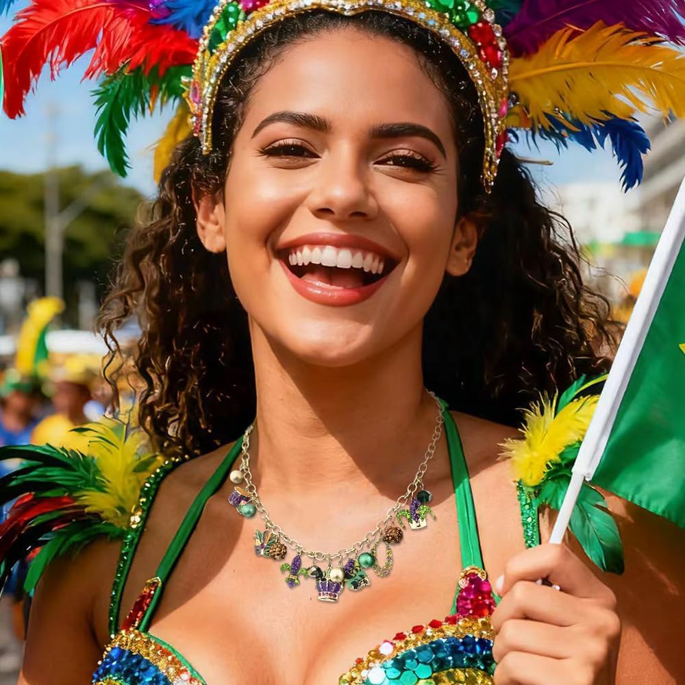 Madison Tyler Mardi Gras Necklaces for Women | Fun Purple Green Mask Crown Bead Charm Necklace | Carnival Parade Party Jewelry Gifts - Image 3