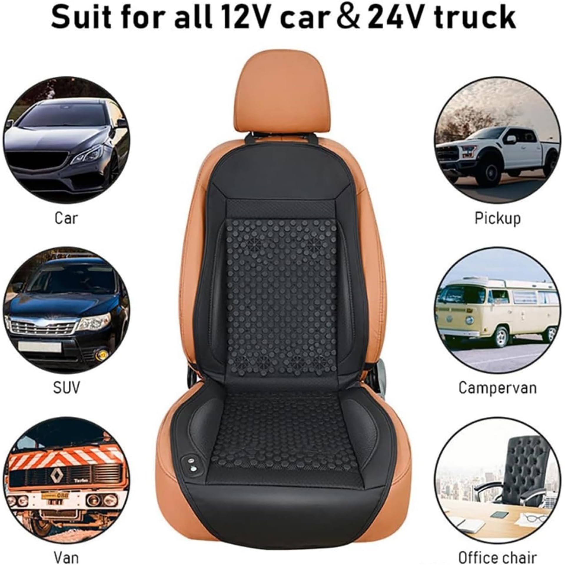 YIHANGG Coprisedile Auto Rinfrescante Sedile Anteriore, Cuscino per Sedile Auto Rinfrescante Ventilatocon Massaggio per Auto, SUV e Camion(12V - Cigarette Lighter Socket + USB,Black(24 Fans))