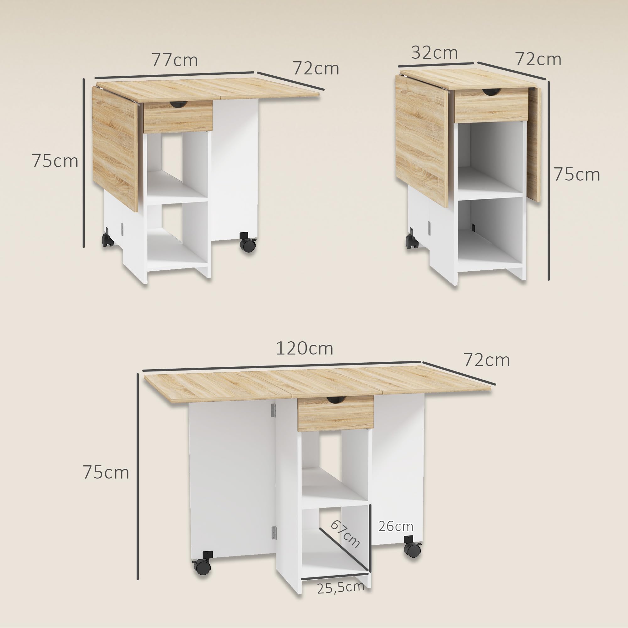 HOMCOM Mesa Plegable de Comedor Mesa de Cocina Plegable con Ruedas Alas Abatibles Cajón y Estantes para 2-4 Personas 120x72x75 cm Roble y Blanco