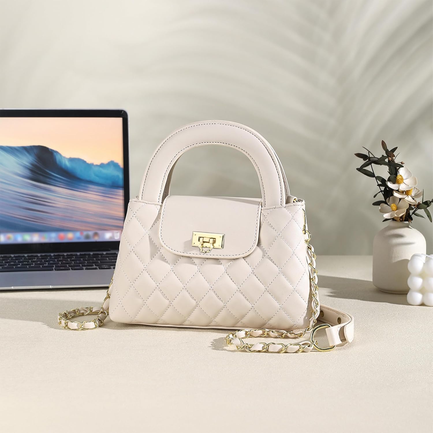 Small Quilted Crossbody Purse for Women, Faux Leather Top Handle Bag with Chain Strap, Elegant Mini Handbag for Daily Use - Image 3