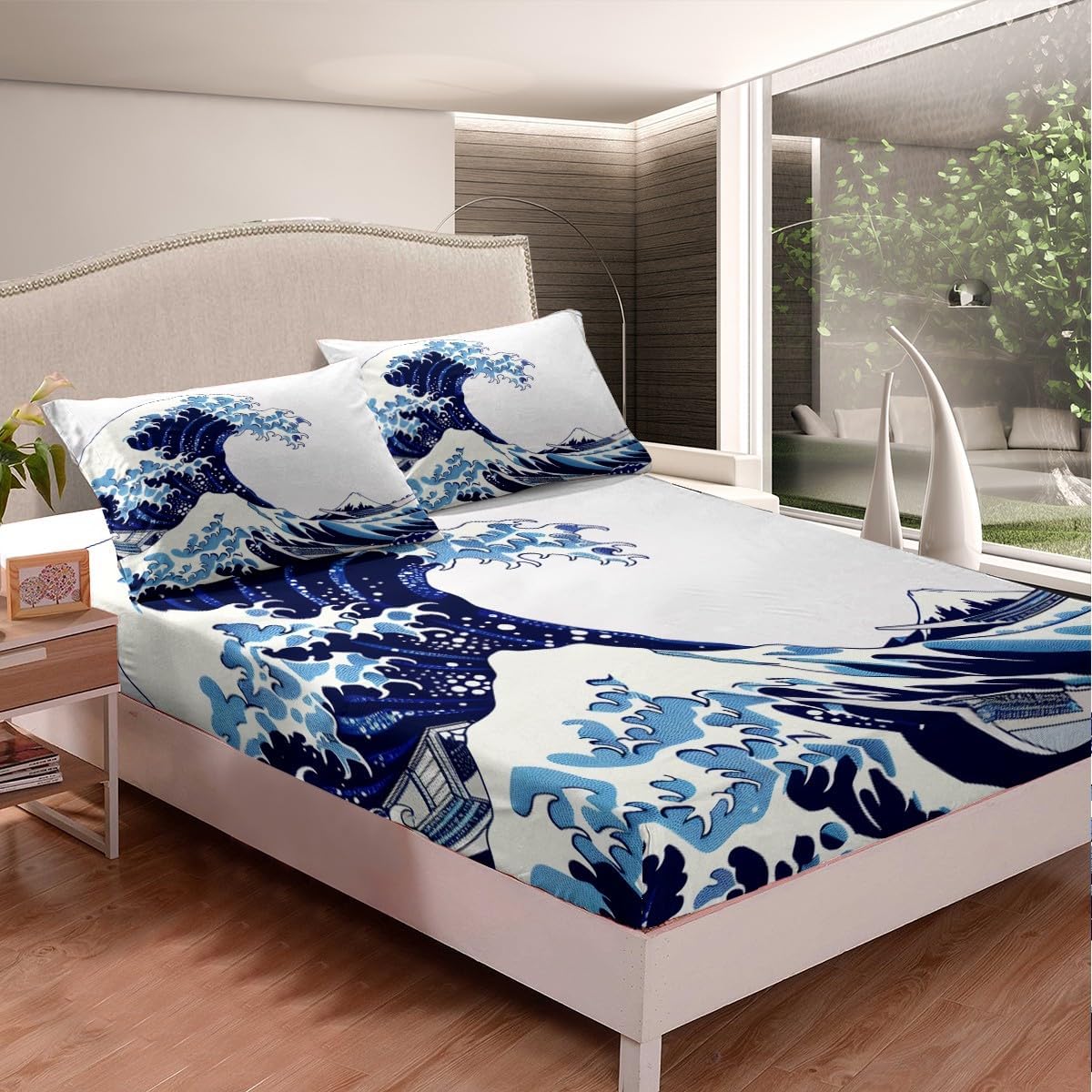 Erosebridal Sea Wave Fitted Sheet Japanese Wave Sheet Set Ocean Nautical Surf Bedding Japanese Ukiyoe Print Bed Cover, Soft Microfiber 1 Fitted Sheet with 2 Pillow Cases Queen Size