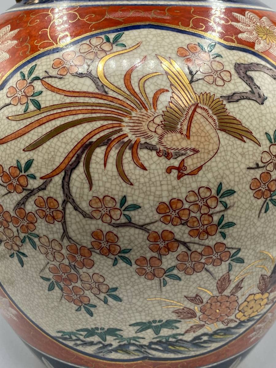 890 九谷焼 湖東 四つ耳付 花鳥大壺 花入れ 花瓶時代物