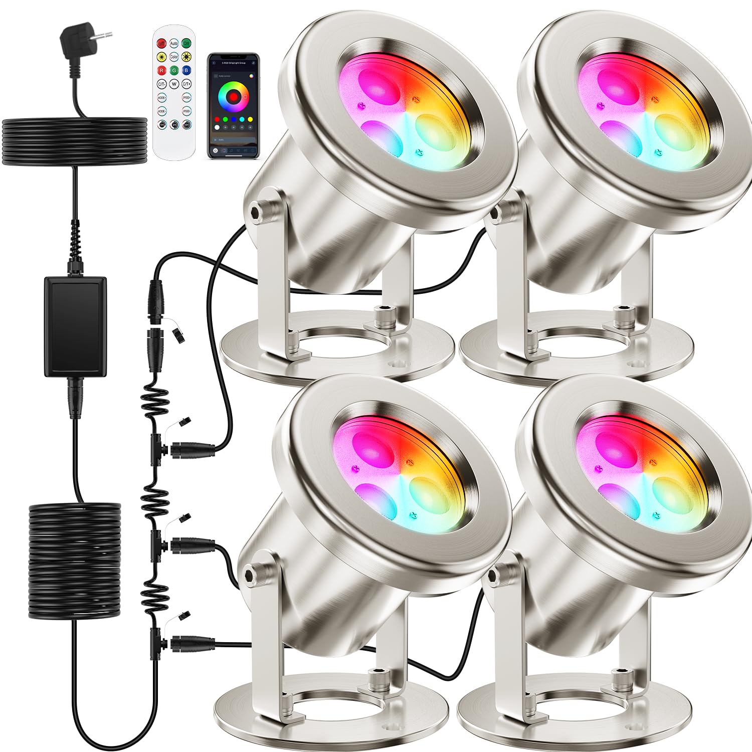 All-in-One Teichbeleuchtung LED Edelstahl SS316, RGB Erweiterbare Teichlampen Unterwasser mit 15,5M Kabel, Teichlicht IP68 für Teich, Wasserfall, Bach, Fischteich, Wasserspiel, 4er-Pack
