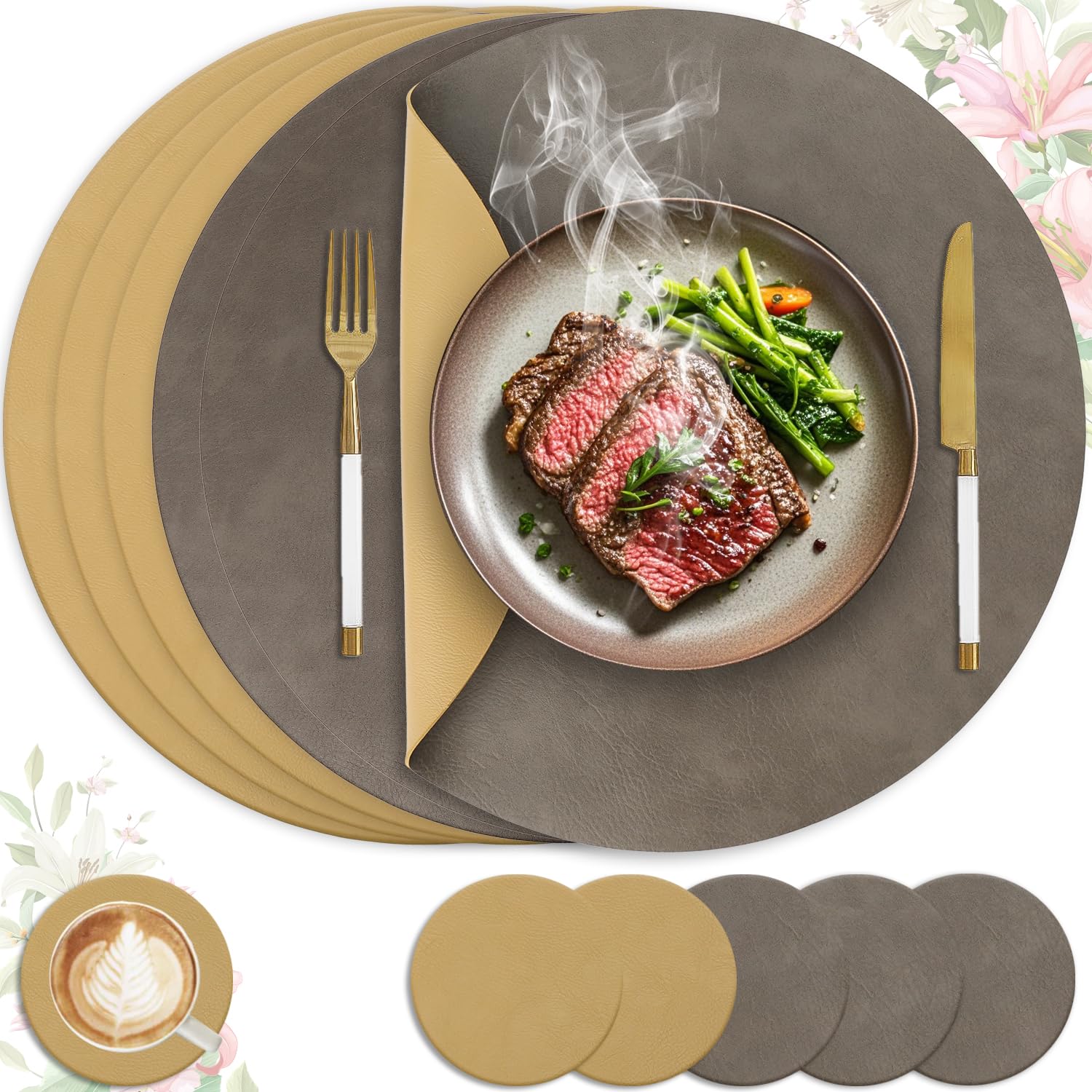 Heli MAIO Tischsets und Untersetzer 4er Set,Platzsets Abwaschbar und Doppelseitigen rutschfest Platzdeckchen,Tischset Leder Kunstleder,Platzdeckchen wasserdicht