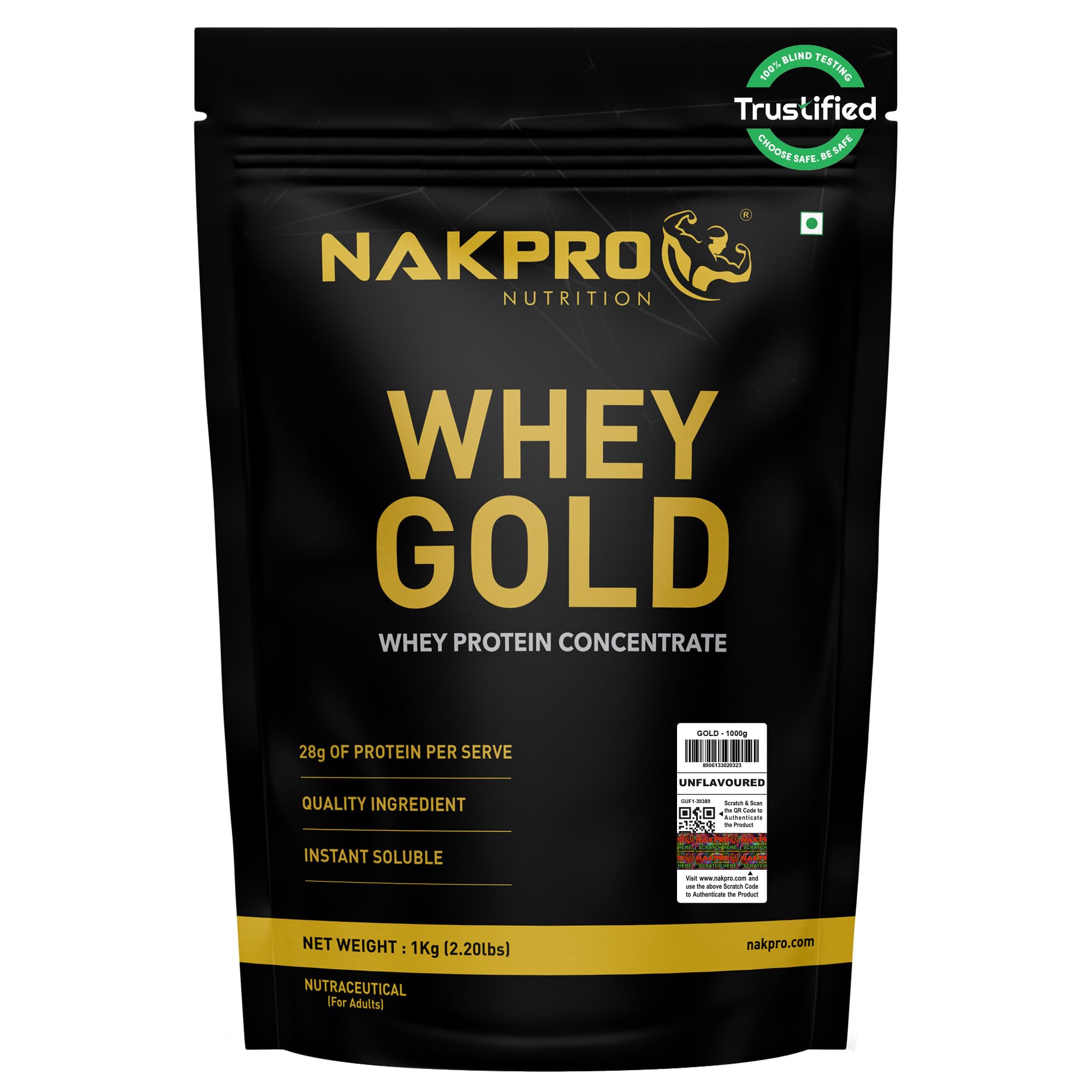 NAKPRO NUTRITION Gold Clean Raw Whey Protein Concentrate | 1kg Unflavoured | 28g Protein | Trustified Certified