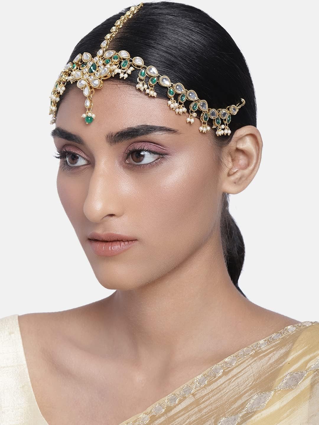 I Jewels Gold Plated Indian Wedding Bollywood Kundan Studded Bridal Matha Patti/Maang Tikka for Women (T204-5)