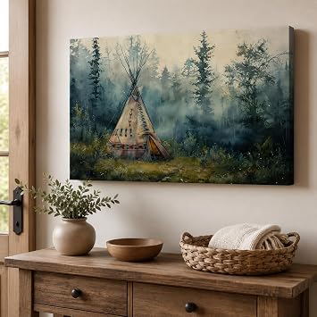GUTTATY Native American Wall Decor for Bedroom - Native American Wolf Wall Art, Indian Tribal Camp Pictures Wall Art for Home Decor, Indian Art Canvas Print Framed 12x18