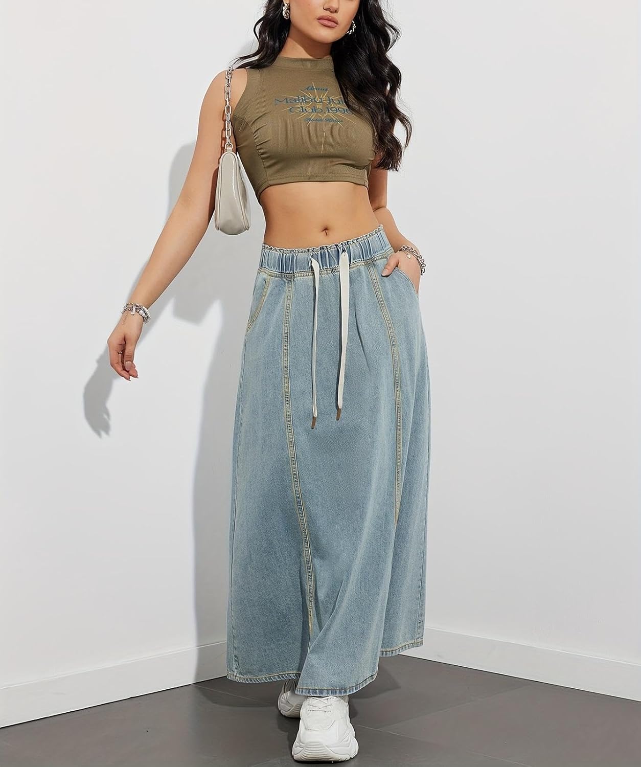 yoeasy Women's Drawstring Elastic High Waist Denim Skirt Casual Flowy Swing A-Line Long Maxi Flare Denim Skirt - Image 6