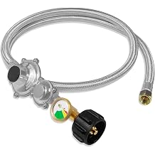 5FT Two Stage Propane Regulator Hose - Stainless Steel Braided LP Gas Hose with Gauge & QCC1/Type1 Connector, 3/8" Female Flare Nut for RV, Gas Grill, Fire Pit & Outdoor Appliances CSA Certified