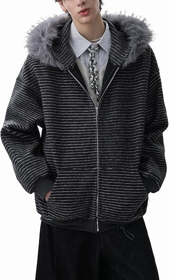 Misswddd Mens Hoodie, Thick, Striped, Zip-up, Hooded, Fleece-Lined, Warm, Stylish, Loose, Harajuku Style, Casual, Street, American Casual, Spring, Autumn, Winter, Unisex